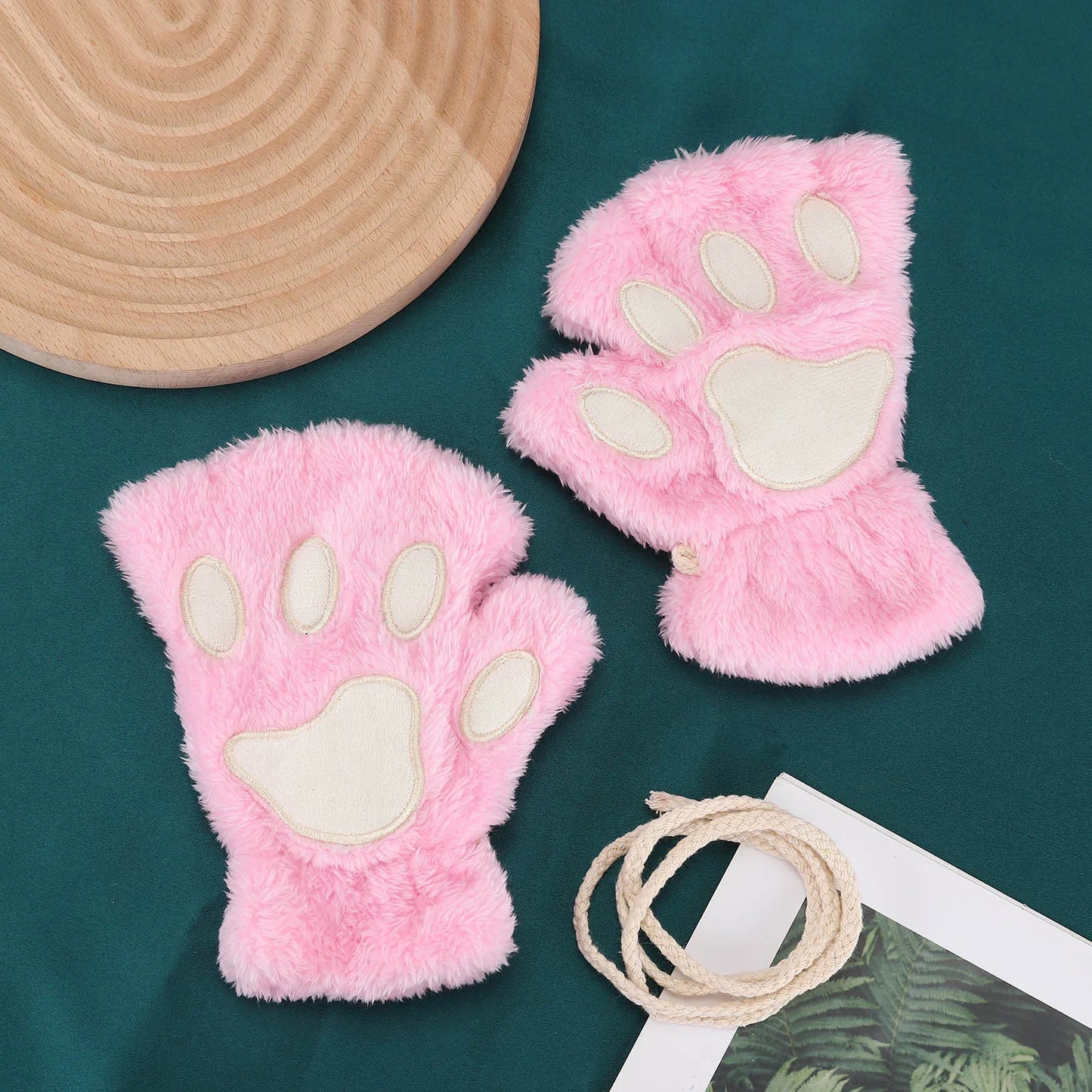 Lovely Plush Cat Paw Gloves Warm Mittens Short Fingerless