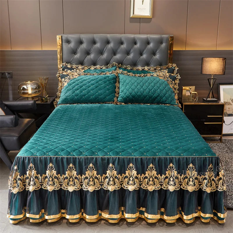 AIWINSURE-European Lace Velvet Bedspread Set, King Size, Queen Thickened Bed Cover, Soft Bed Skirt, Luxury, with 2 Pillowcases