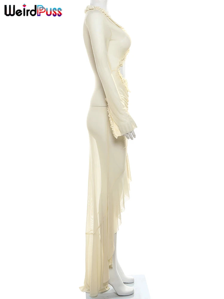 Women’s Elegant V Neck Cutout Maxi Dress | Long Sleeve Bodycon Evening Gown