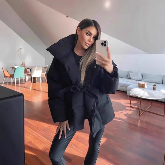 Women's Puffer Coat Large Lapel Collar Belted Waist Mid-Length Warm Winter Jacket Fashion Loose Padded Outerwear