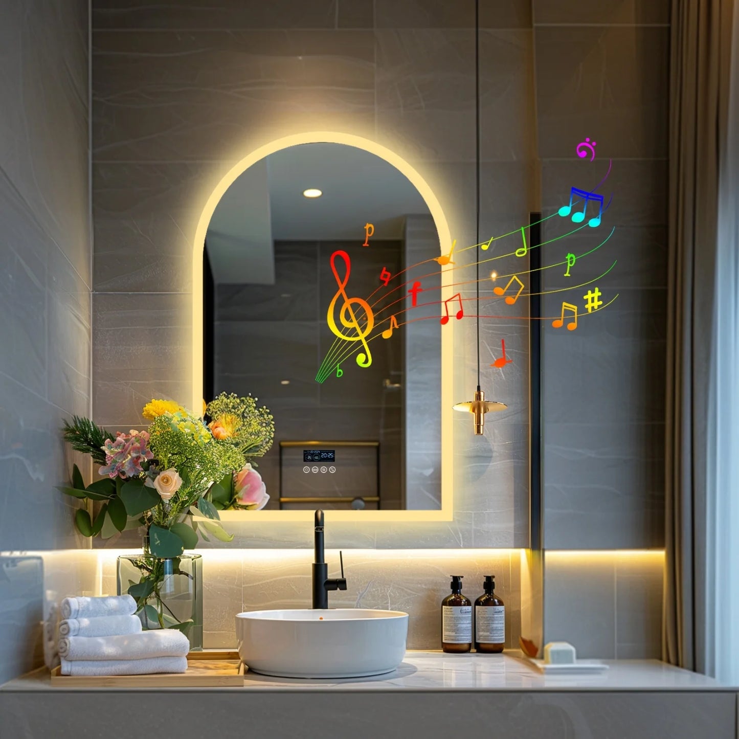 Arched LED Bathroom Mirror With Bluetooth Display Date Time