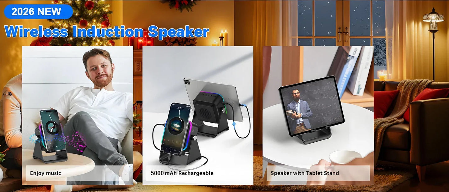 5-in-1 Wireless Charging Speaker Phone Stand with RGB Light and Bluetooth Audio