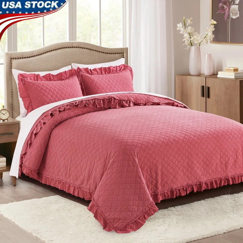3 Piece Queen Quilt Set Soft Microfiber Bedspread Vintage Design Lightweight Coverlet Includes Pillow Shams Easy Care Machine