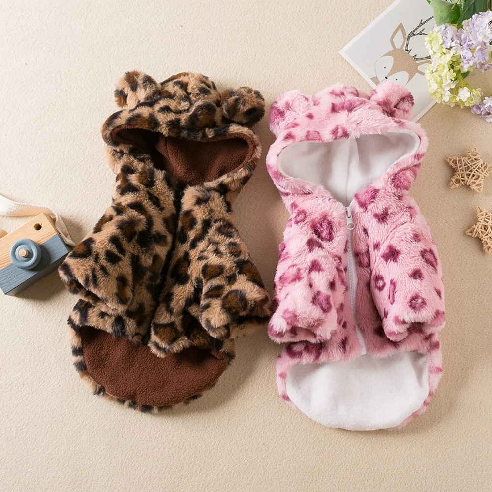 Luxury Leopard Print Fleece Dog Hoodie .Warm Winter Pet Jacket