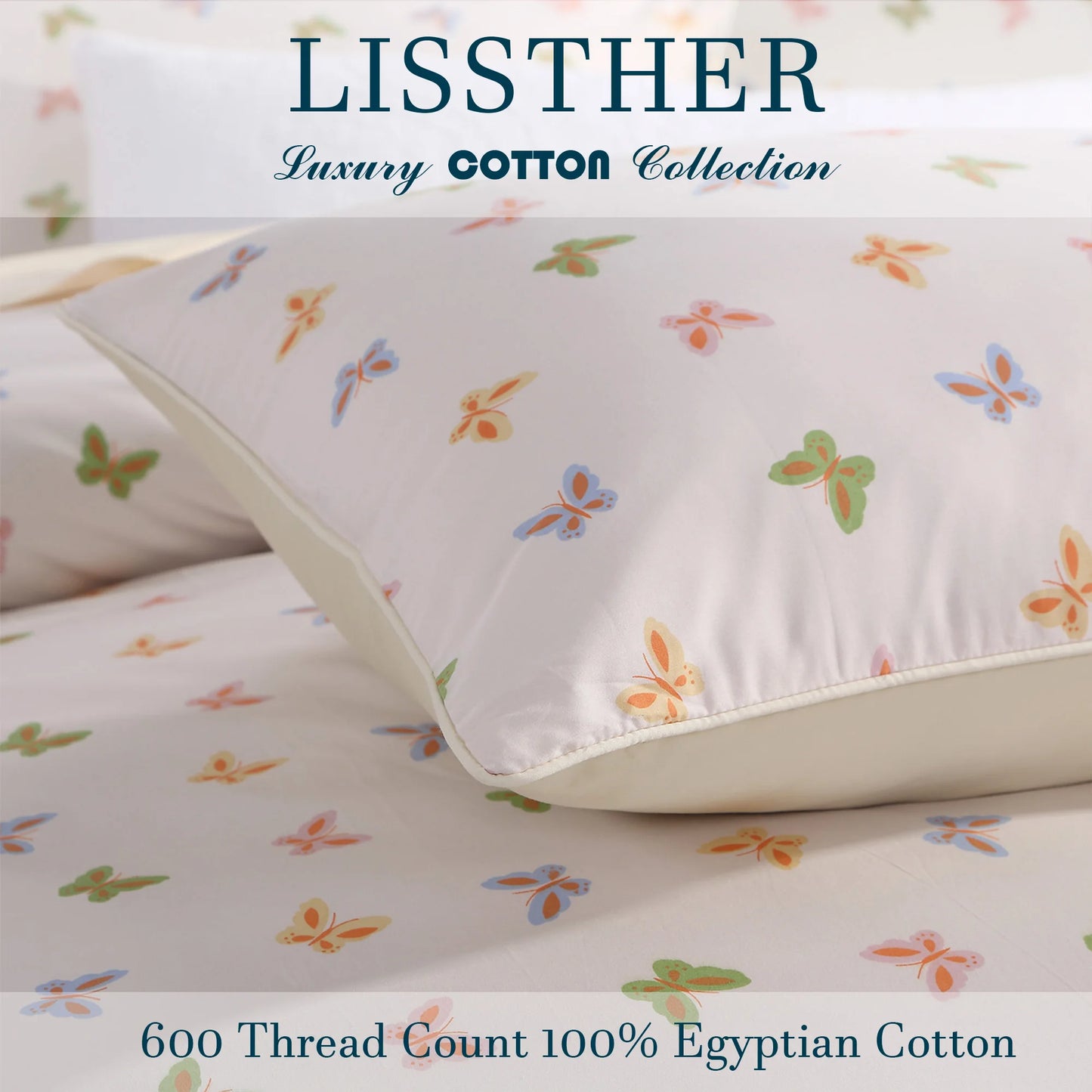 3pcs 600TC 100% Egyptian Cotton Duvet Cover Set, Luxury Colorful Butterfly Design, Soft Skin-Friendly (No Inserts)
