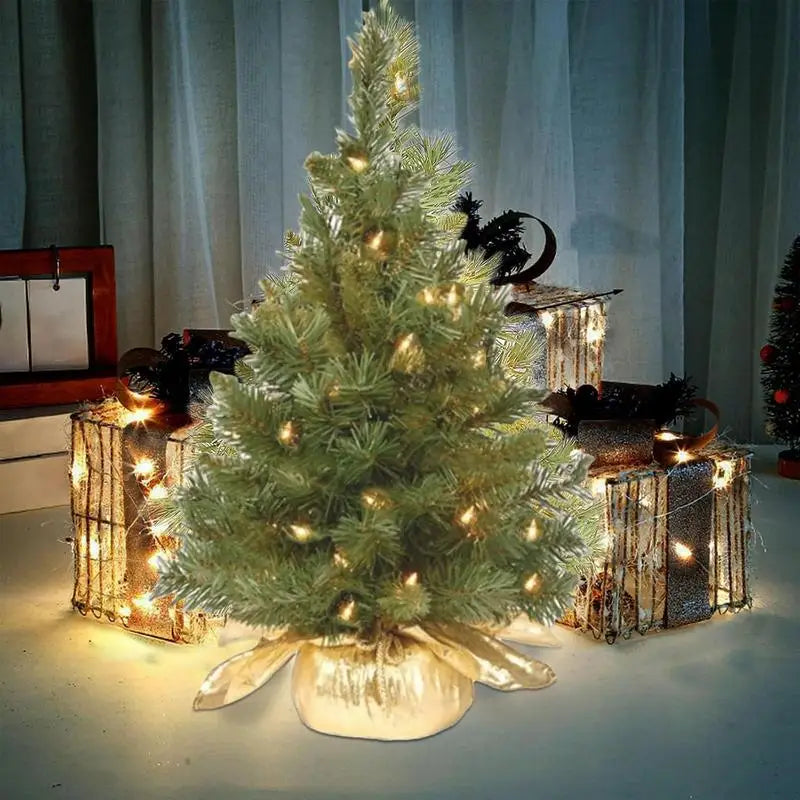 Pre-Lit Artificial Pine Christmas Tree . 60cm Mini Tabletop Christmas Tree with Warm LED Lights & Burlap Base