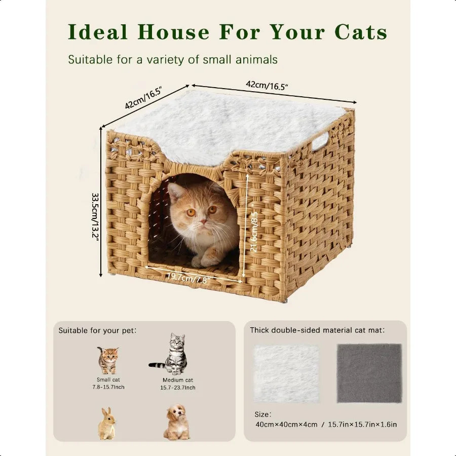 Cat Beds Indoor Kitten House Handwoven Rattan Cat Cave Pet Cube Large Cat Houses One Bed Mat Foldable Hideaway 16.5x16.5x13.2 I