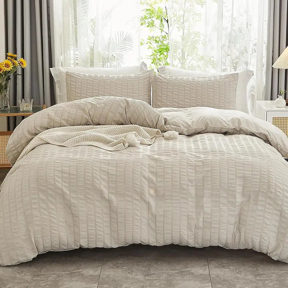 Ultra Soft Seersucker Duvet Cover Set King Size 3 Pieces Wrinkled Microfiber Bedding with Metal Zipper and Corner Ties