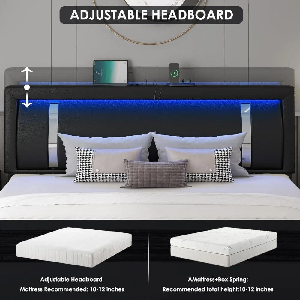 "contemporary rgb led-lit faux leather bed frame with storage drawers and smart platform design"
