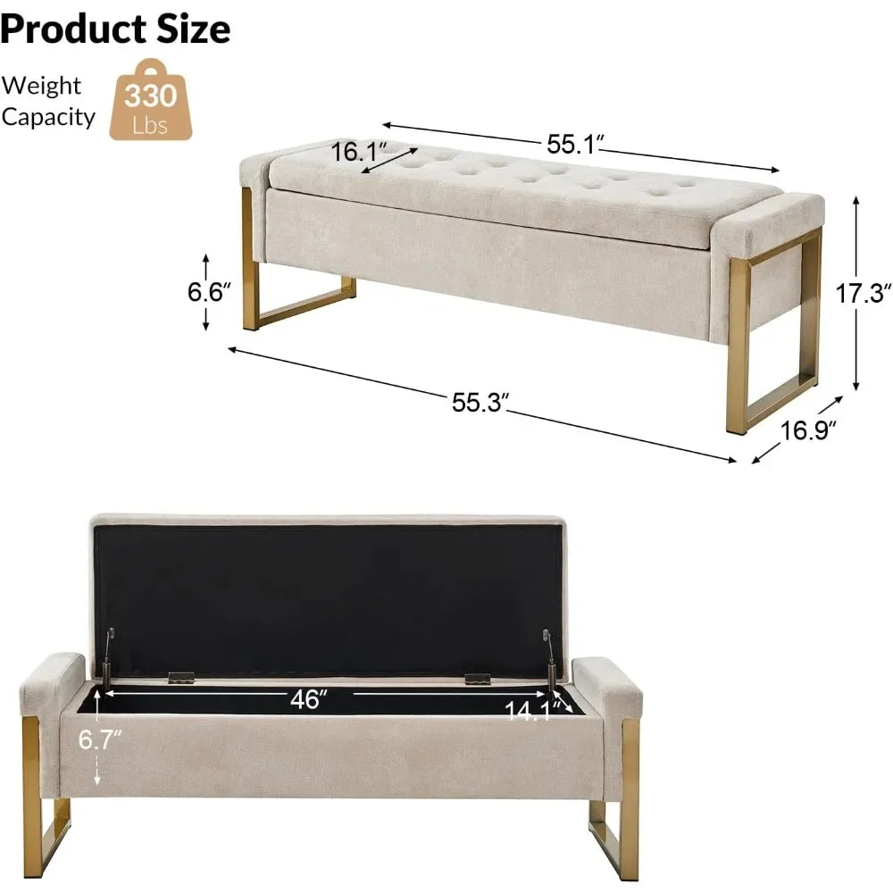 Modern Storage Ottoman Bedroom Bench, End of Bed Bench with Gold Metal Legs, Upholstered Footrest Stool for Living, Dining Room