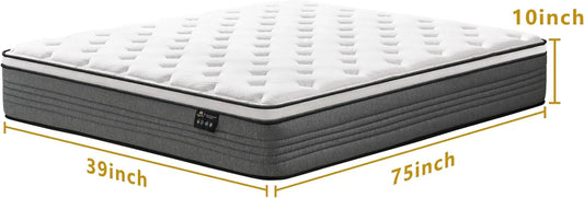 Twin Mattress, 10 Inch Twin Size Mattresses, 10 Inch Hybrid Pocketed Coil Mattress in a Box with Gel Memory Foam, Medium Firm, C