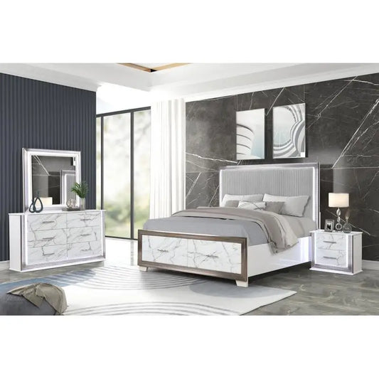 4-Piece Bedroom Set – LED Upholstered Bed with Dresser, Mirror, and Nightstand Featuring Marble-Inspired Accents and Sleek