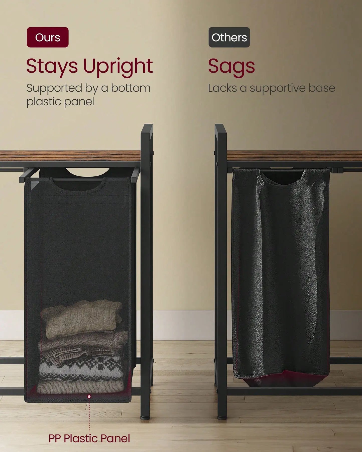 3-Bag Laundry Sorter with Rustic Wood Top. Large Laundry Hamper