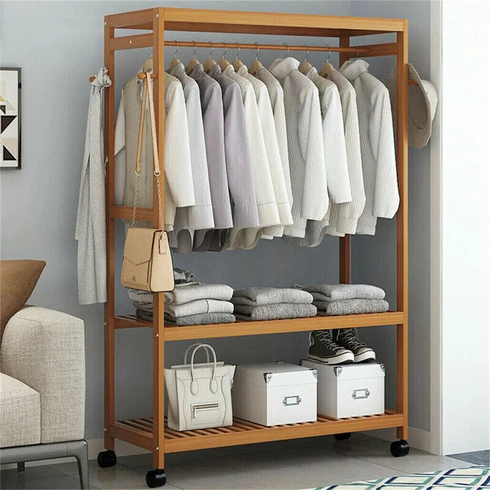 Bamboo Garment Rack with Wheels, Clothing Rack for Hanging Clothes with Hooks, Multi-functional Bedroom Clothes Rack