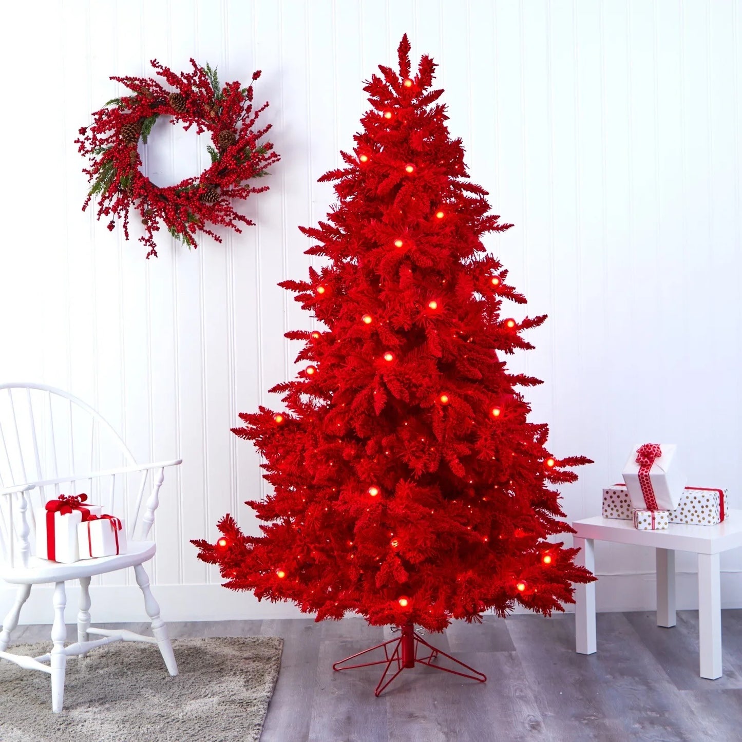 7 Ft Red Flocked Artificial Christmas Tree With 500 LEDs