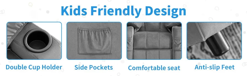 Toddlers Kids Recliner Chair Ergonomic Adjustable  Chair Footrest & Side Pockets Baby Sofa for Boys and Girls Bedroom (Gray)