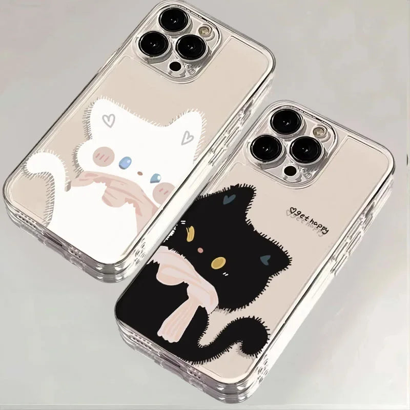 Cute Black & White Cat Couple iPhone Case . Matching Cartoon Cat Design, Aesthetic Protective Cover