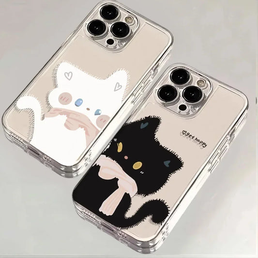 Cute Black & White Cat Couple iPhone Case . Matching Cartoon Cat Design, Aesthetic Protective Cover