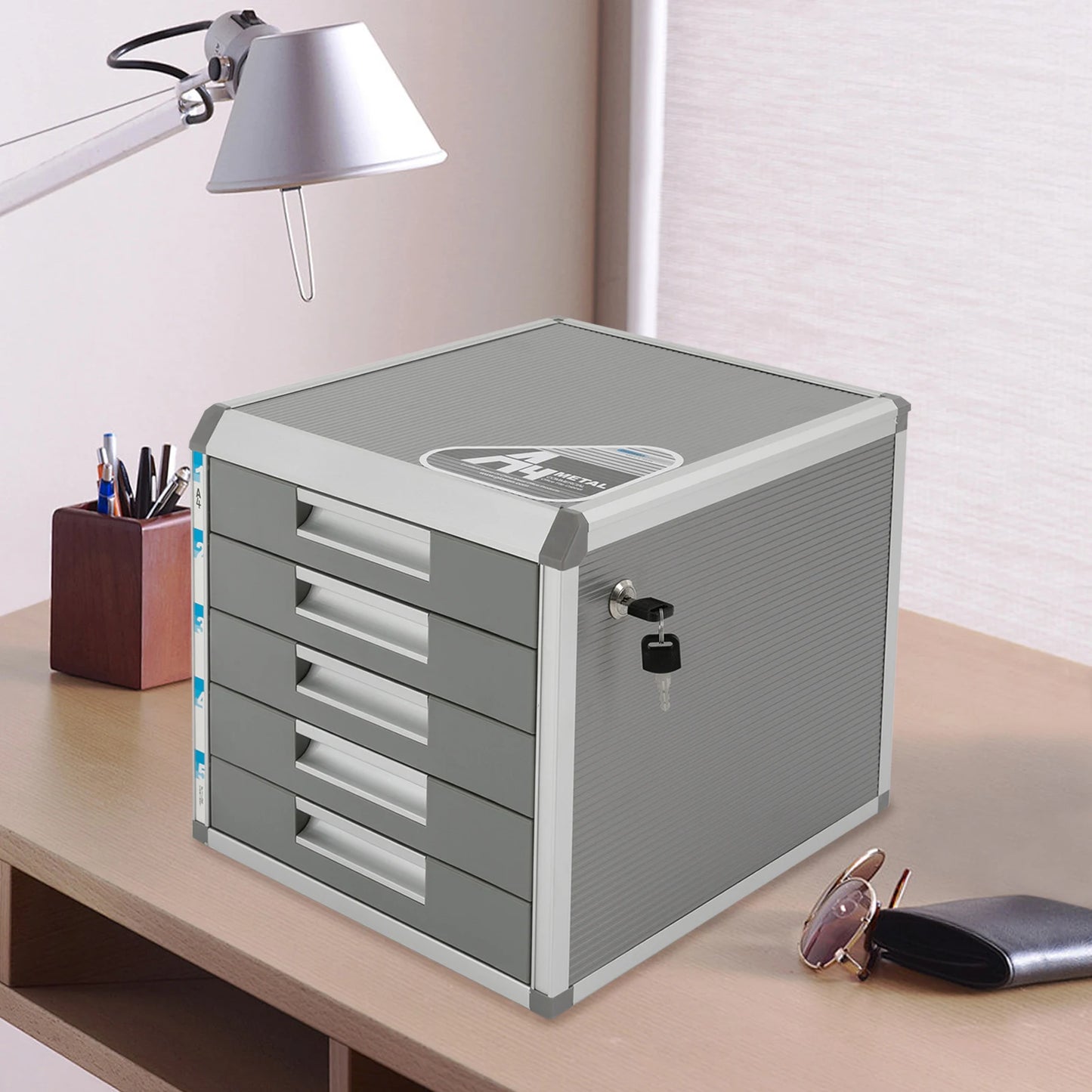 5 Drawer Locking File Organizer, A4 Document Storage Cabinet with Aluminum Alloy Frame, Secure Desktop Filing System for Home & Office  Description