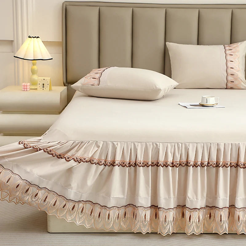 Elegant Solid Color Lace Bed Skirt Set
