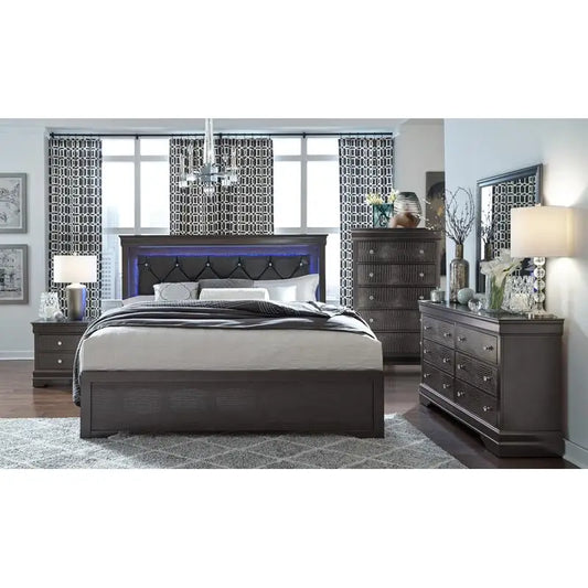 5PC Shaker Grey King Bedroom Set with Nightstands, Dresser, and Mattress, Modern Design for Stylish Bedroom