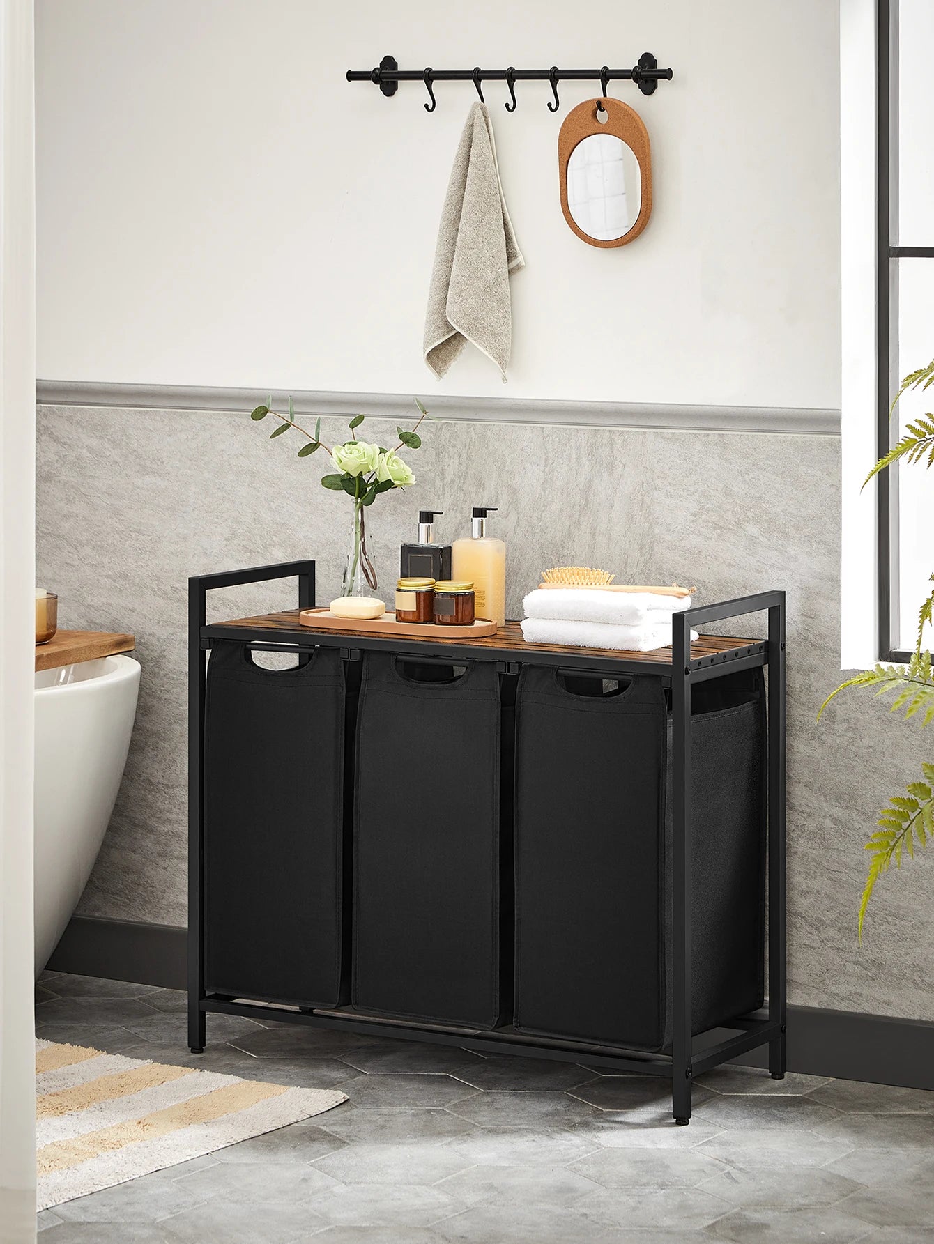 3-Bag Laundry Sorter with Rustic Wood Top. Large Laundry Hamper