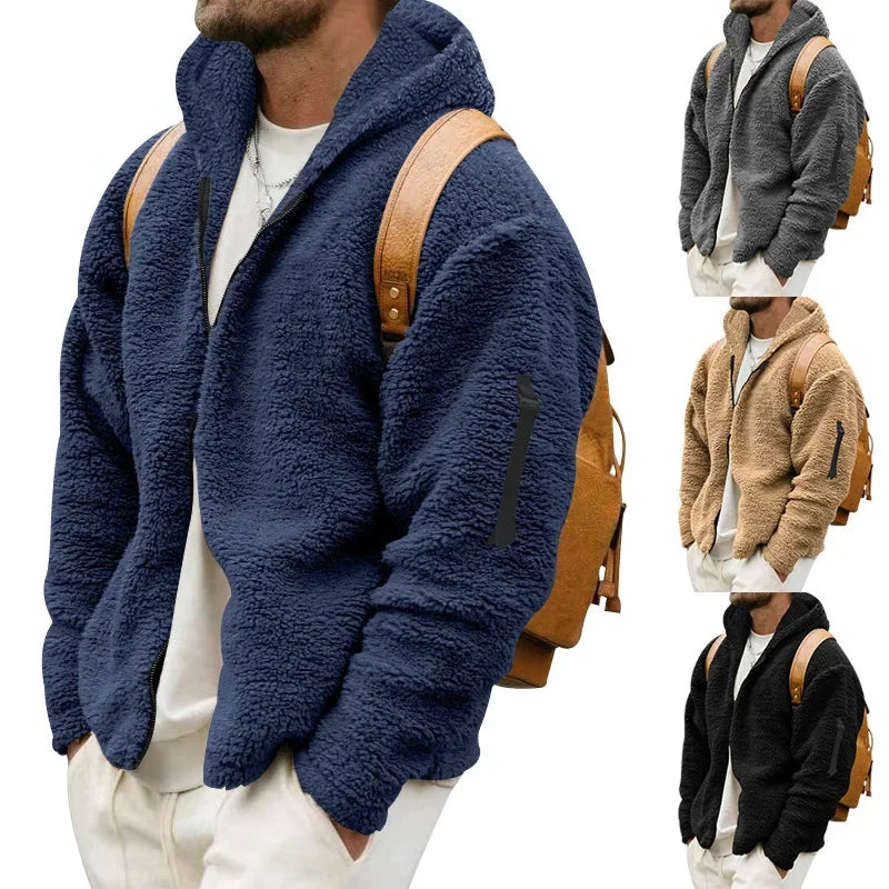 2024 Men's Autumn and Winter Double-Sided Fleece Warm Jacket  Loose Hooded Casual Jacket