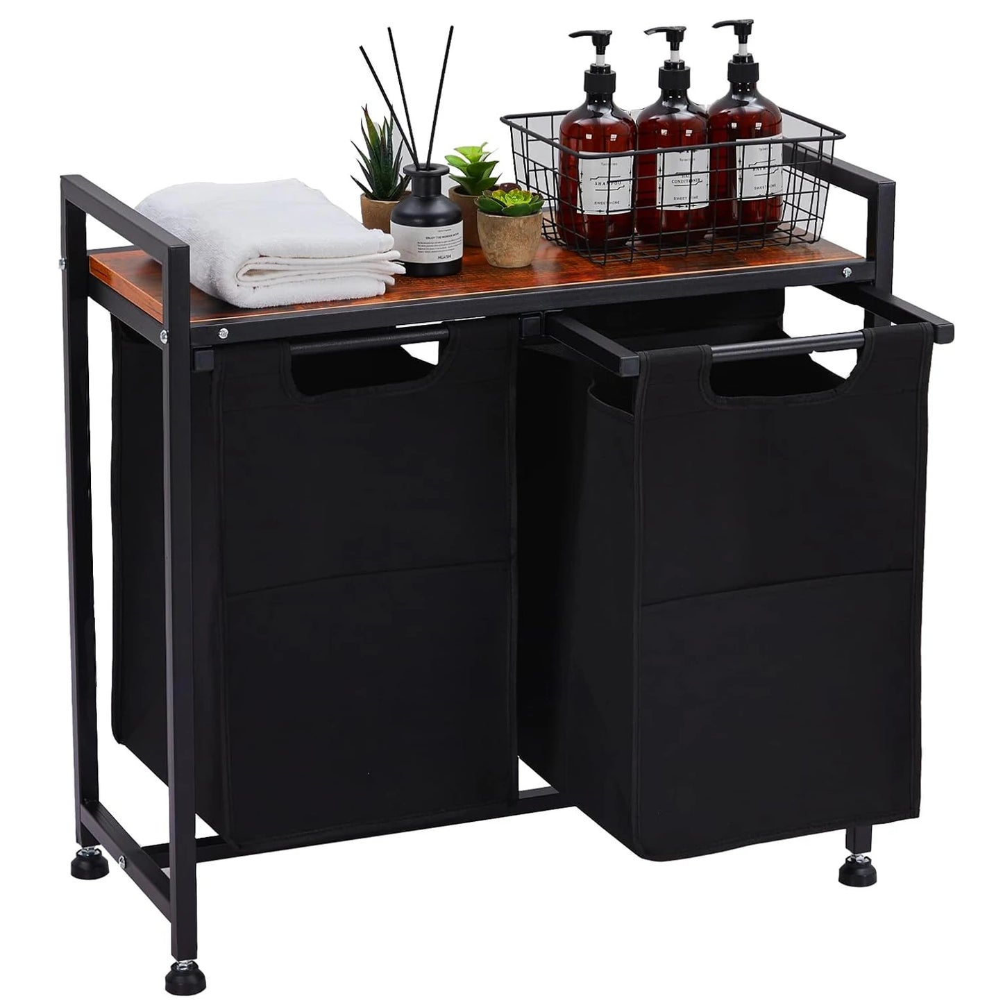 2 Section Laundry Hamper Organizer with Removable Bags and Storage Shelf