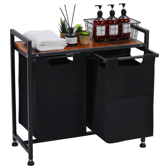 2 Section Laundry Hamper Organizer with Removable Bags and Storage Shelf