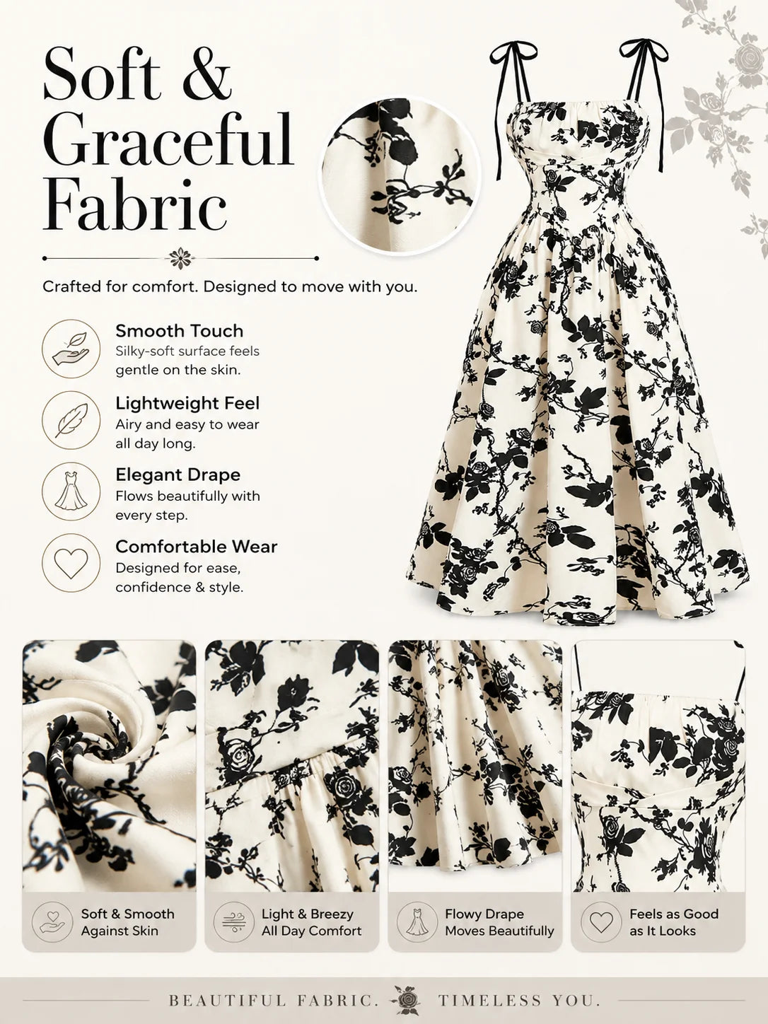 Women’s Floral Tie Shoulder Midi Dress | Square Neck Smocked Back A-Line Summer Sundress