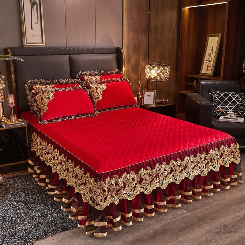 Luxury Gold Embroidered Velvet Quilted Bedspread Set