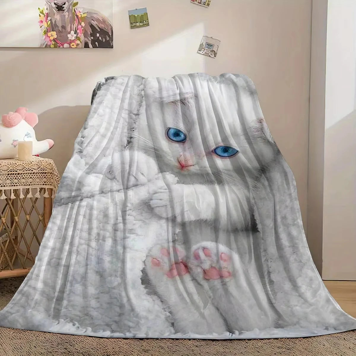 Cute Cat Print Flannel Throw Blanket. Soft Cozy Cat Lover Blanket
