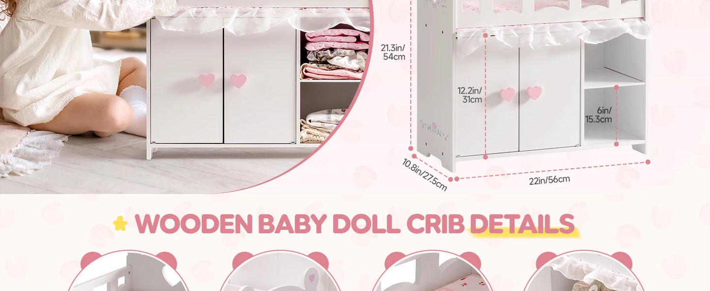Robotime Robud Doll Crib Changing Table Wooden with Storage Bedding Hooks Fits 18-21" Baby Dolls Pretend Play Gift for Girls