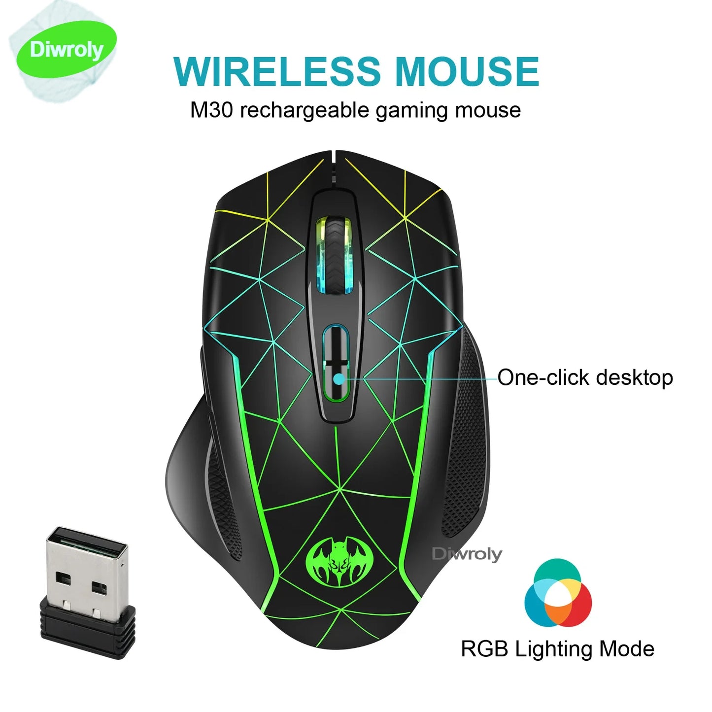 Rechargeable Wireless Gaming Mouse  Ergonomic RGB PC Mouse for Home Office & Gaming