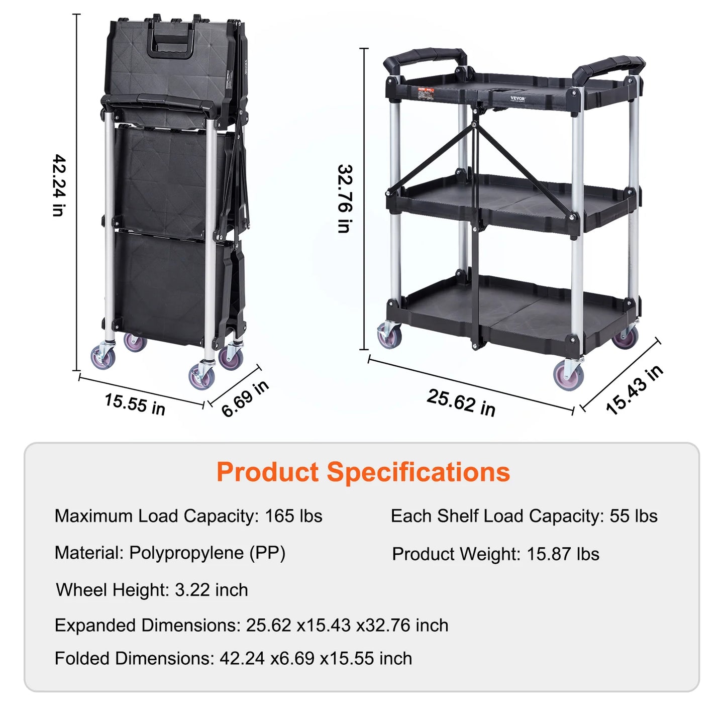 SucceBuy 3-Tier Folding Rolling Utility Cart . Heavy-Duty Mobile Storage Shelf with Wheels for Laundry, Kitchen, Office & Home Organization