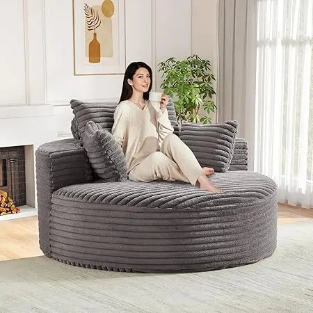 Oversized Round Chaise Longue Chair Indoor, Modern 55-inch Upholstered Corduroy Deep Seat Circle Single Cloud Lounge Floor Sofa