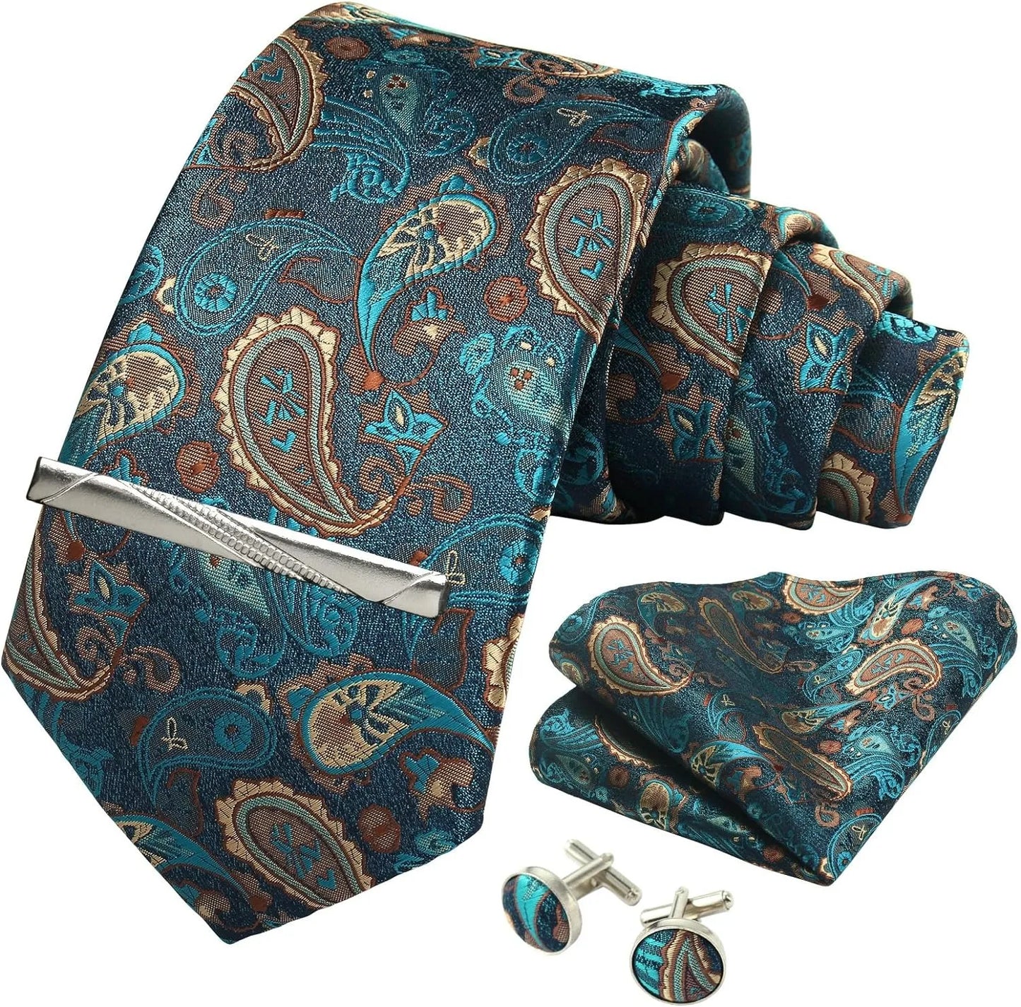 Luxury 100% Silk Paisley Floral Men’s Necktie Set | Business Tie with Matching Pocket Square & Formal Accessories