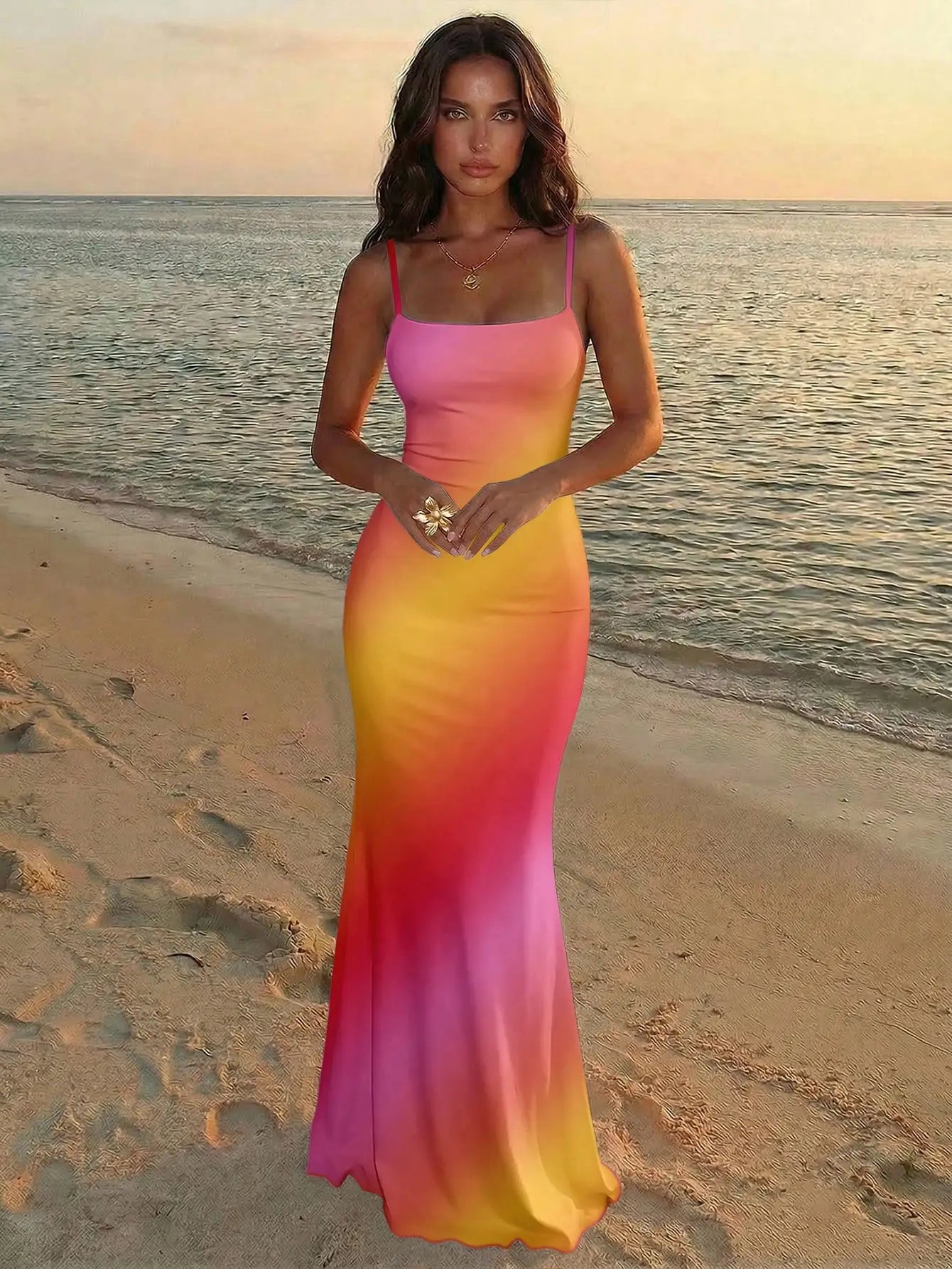 Elegant Pink Orchid Floral Print Backless Tie Strap Maxi Dress For Summer Vacation Beach Festival