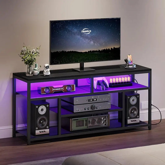 Led Tv Stand With Charging Station, 4-Tier Entertainment Gaming Center, Modern Media Console Table, Open Shelves, 55.1""L X