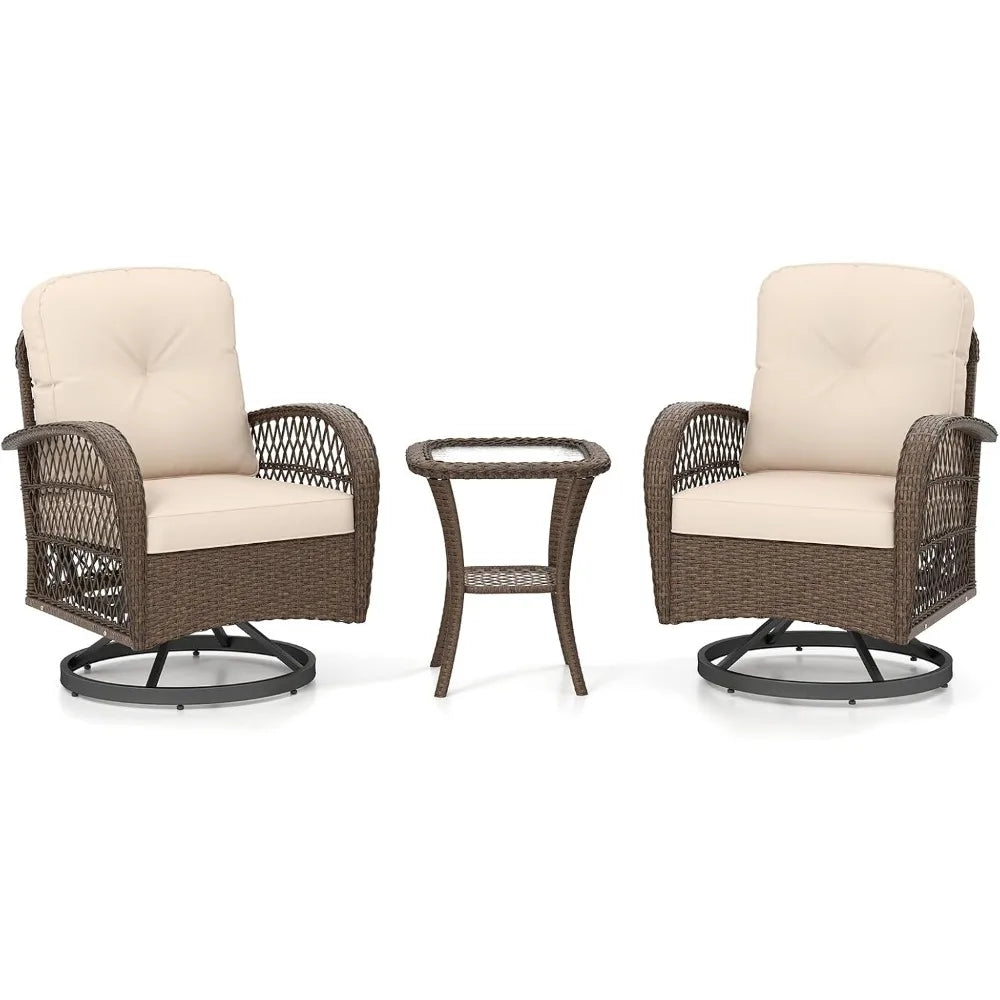 3 Pieces Wicker 360° Swivel Rocker Set Patio Furniture, Rocking Chairs with Cushions, Tempered Glass Coffee Table, Outdoor Ratt