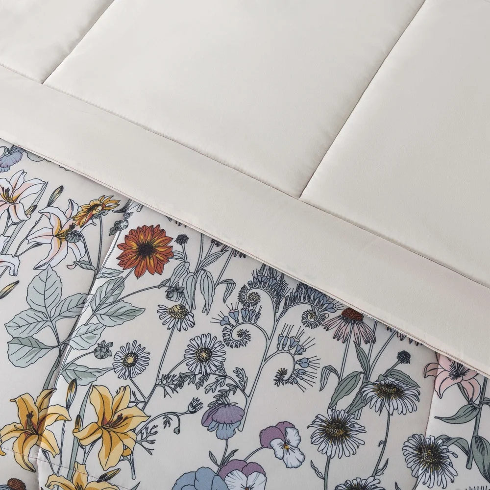 7-Piece Reversible Comforter Set with Sheets Floral Print Soft Polyester King Bedding Includes Pillowcases Shams Storage Bag