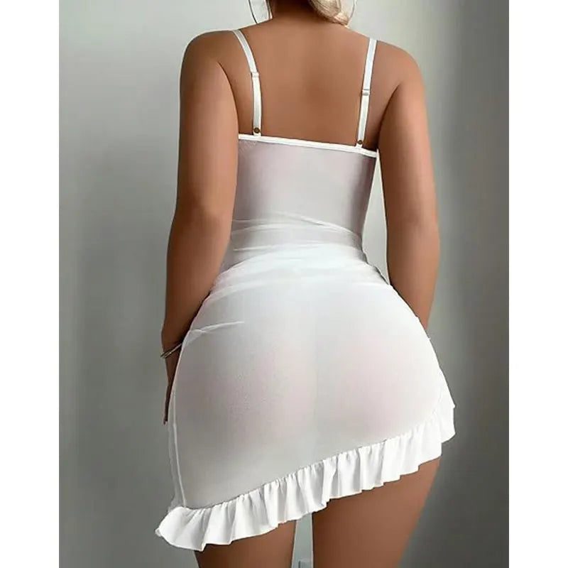 Women's Lace Corset Lingerie Set . Sheer Bustier  Top with Ruffled Mini Skirt
