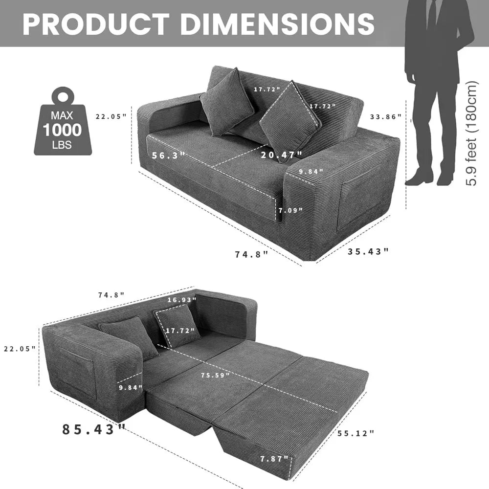 75 Inch Corduroy Foldable Sofa Bed With Pull Out Sleeper