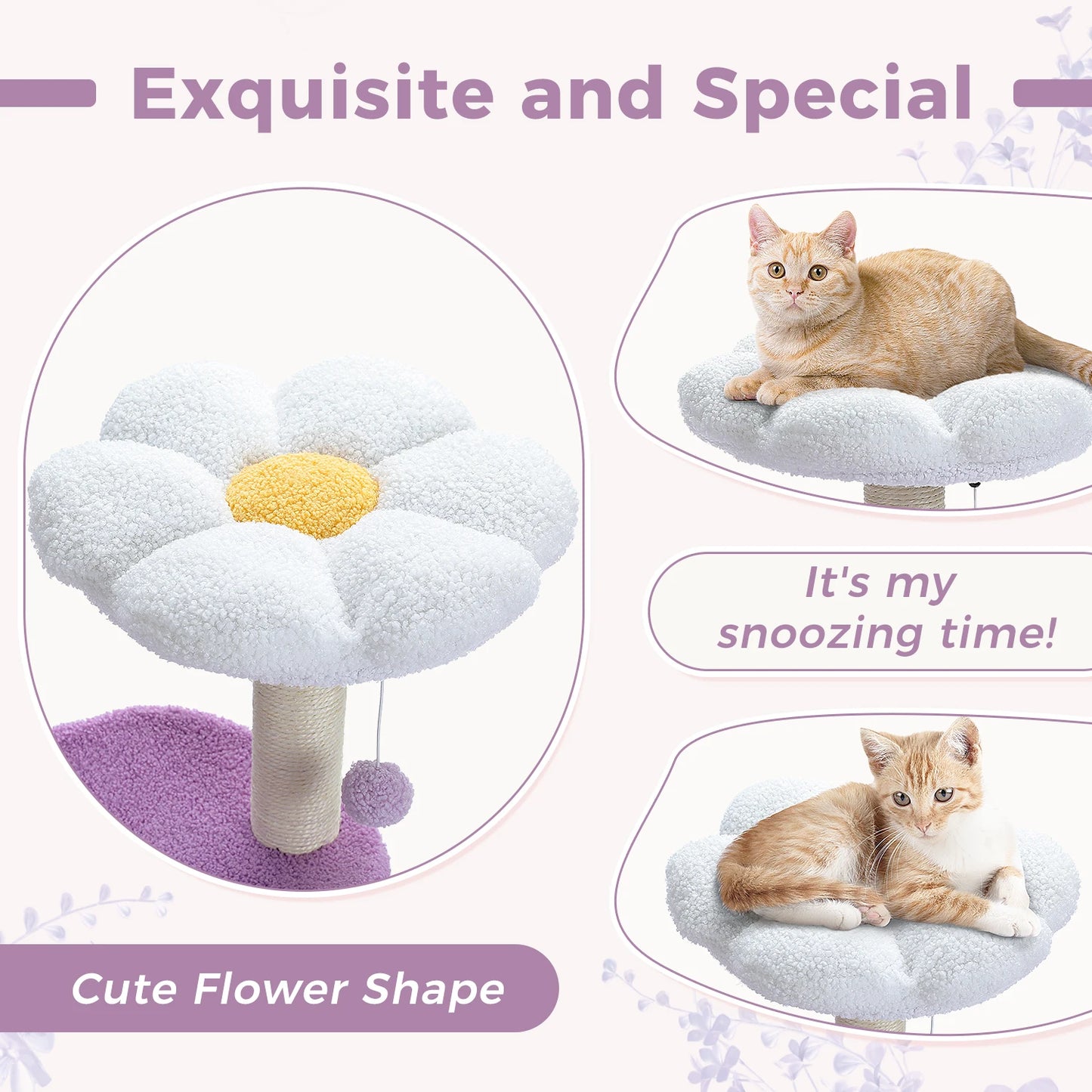 Flower Cat Tree for Indoor Cats, Small Cat Tower with Sisal Scratching Post, Soft Condo, Plush Perches, Fluffy Balls, Cat Toys