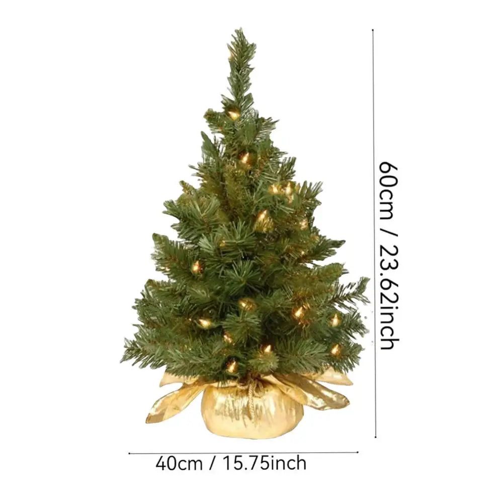 Pre-Lit Artificial Pine Christmas Tree . 60cm Mini Tabletop Christmas Tree with Warm LED Lights & Burlap Base