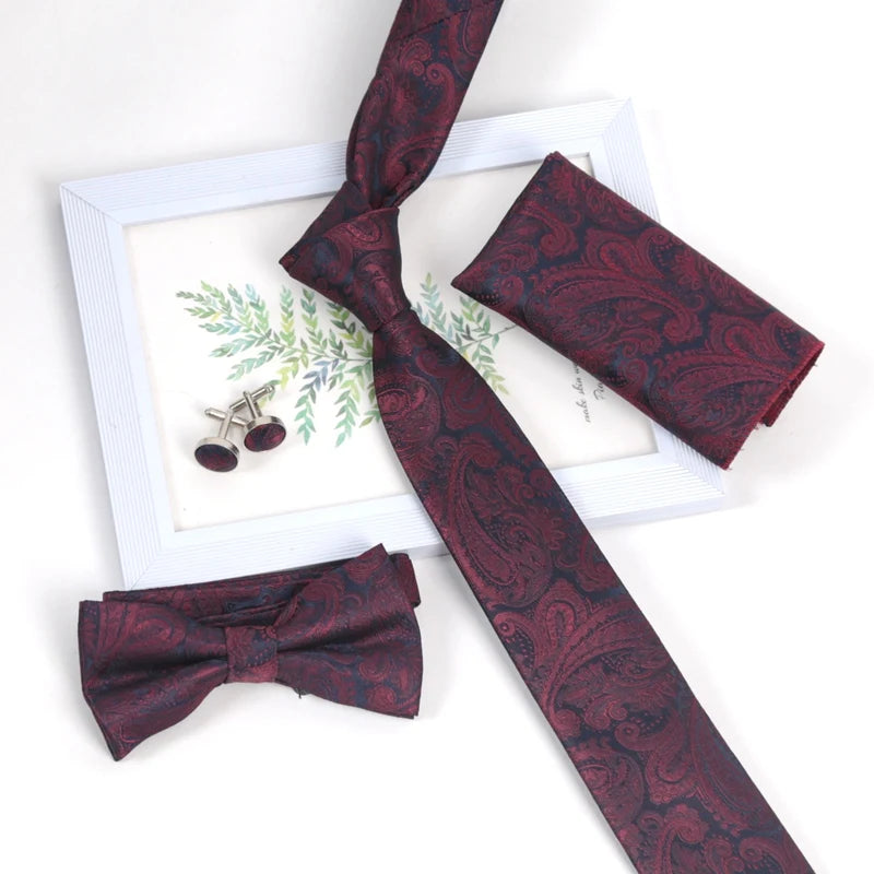 Luxury Men’s Burgundy Tie Set with Pocket Square, Bow Tie & Cufflinks | Wedding & Business Gift Set