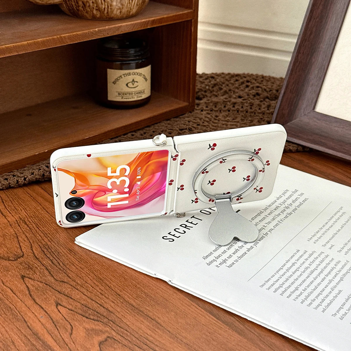 Cherry Print Magnetic Phone Case with Detachable Wrist Strap