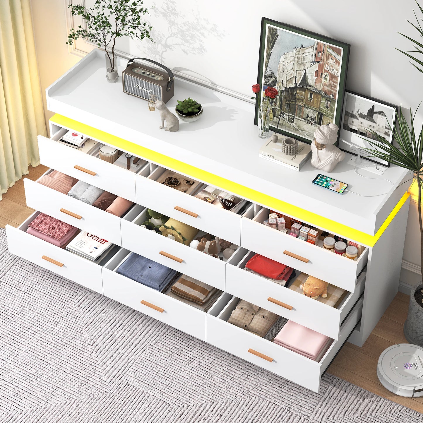 9 Drawer Dresser with LED Light and Charging Station, Modern Chest of Drawers for Closet, Wide Drawer Organizer Cabinet