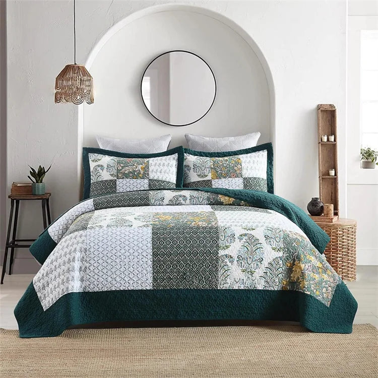 Vintage Cotton Patchwork Quilted Bedspread Set