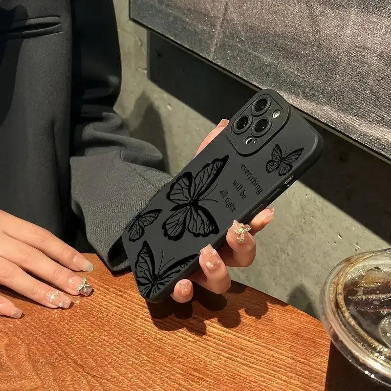 Minimalist Butterfly iPhone Case .  Matte Black Aesthetic Protective Phone Cover (iPhone 11–17 Series